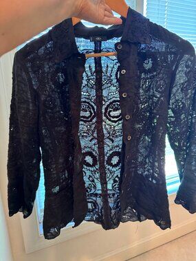 Bogner Women's 100% Linen Embroidered Button Down Top - Black - 4